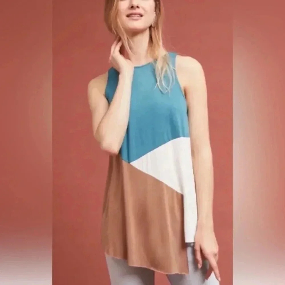 ANTHROPOLOGIE SUNDAY IN BROOKLYN Green Brown White Colorblock Tank Top Medium